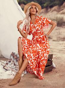 Breezaya Women's Holiday Plant Print Ruffle Sleeve Dress - Orange - View 3