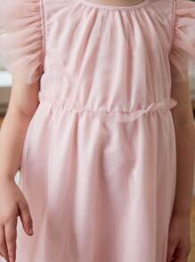 SHEIN Vestido elegante de malla color albaricoque con mangas con volantes para niñas jóvenes - Multicolor - Ver 4