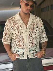 AXEPEAK 多尺寸街头时尚翻领短袖宽松男士衬衫，街头服饰