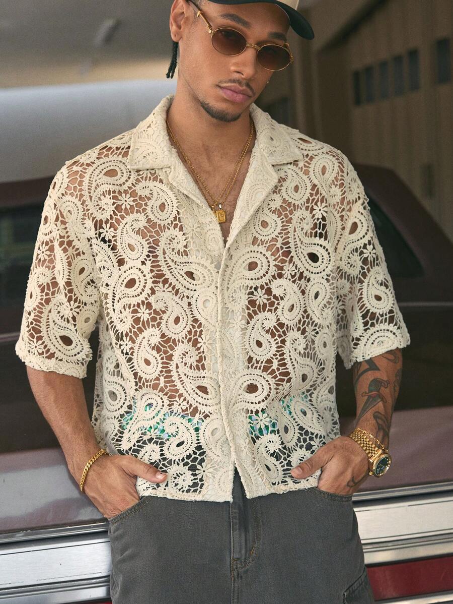 AXEPEAK 多尺寸街头时尚翻领短袖宽松男士衬衫，街头服饰