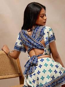 Vixey 女士度假风印花圆领系带露脐上衣，沙滩装 - 彩色 - 查看 1