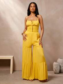 Vixey Yellow Solid Shirred Waist Layered Tiered Cami Strap Jumpsuit, Beach Outfits For Woman, Beach Vacation Outfits, Beach Essentials,  Women Summer Clothing