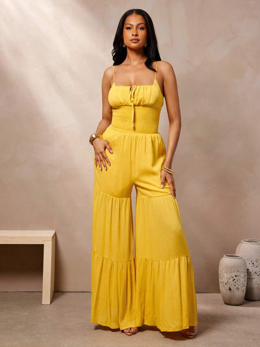 Vixey Yellow Solid Shirred Waist Layered Tiered Cami Strap Jumpsuit, Beach Outfits For Woman, Beach Vacation Outfits, Beach Essentials,  Women Summer Clothing
