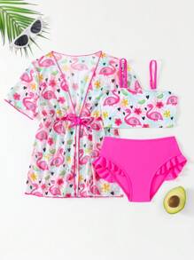 Set di 3 pezzi di bikini con stampa fenicottero e coprispalle a maniche corte per giovani ragazze