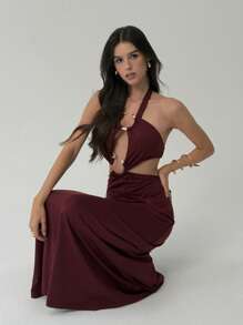Aloruh Sexy Lace-Up Halter Hollow Metal Ring Backless Dress For Women, Going Out - Red Violet - View 7