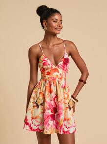 Travachic Women's Sleeveless V-Neck Summer Waist Gathered Pink Floral Camisole Dress,Boho Garden Party Holiday Holiday Beach Vacation Outfits Bohemian Western - Multicolor - View 6