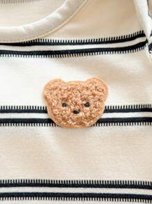 SHEIN 15pcs/Set Newborn Baby Girls' Casual Cute Knitted Striped Bear Print Short Sleeve Bodysuit & Hat Outfit Set Cartoon