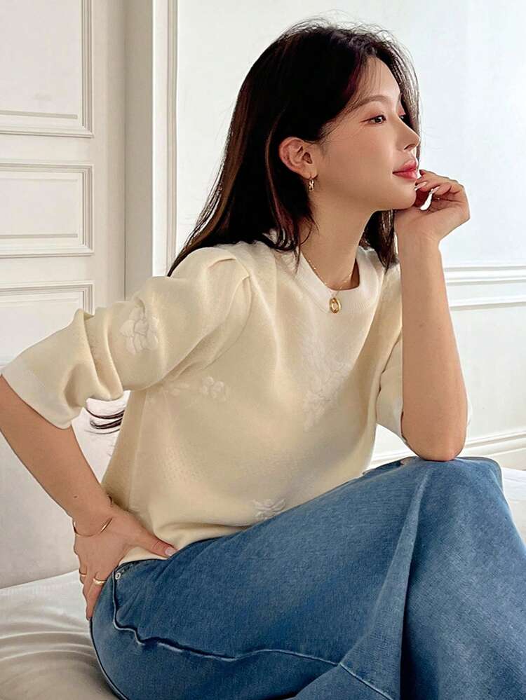 Women's Round Neck Short Sleeve Loose Jacquard Pattern Knit Top, Summer,Fall Clothes Women Sweater