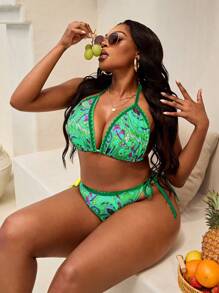 Slaydiva Plus Size Women's Random Printed Two-Piece Swimsuit Set For Summer Beach Vacation - Multicolor - View 3