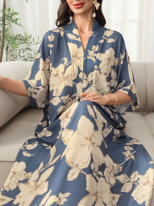 Al Najma Vestido largo de manga media estilo árabe para mujer, nuevo lanzamiento del verano 2025, con estampado floral, vestido largo tipo cardigan casual de vacaciones, kaftán modesto