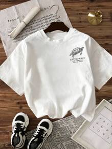 INAWLY Camiseta casual de manga corta, cuello redondo, con estampado de eslogan y tortuga, holgada para mujer