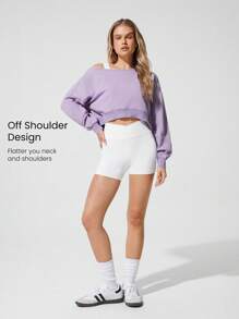 GLOWMODE Sanfte, hautfreundliche, verwaschen Crop Off-Shoulder Rippensaum Manschetten Sweatshirt, Alltags Lässig Kleidung