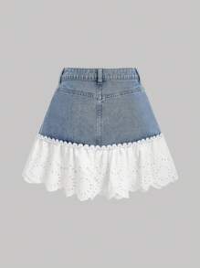 SHEIN MOD Jupe mini en jean à ourlet à volants avec broderie et maille contrastée pour femmes, style décontracté