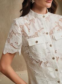 Anewsta Women's Elegant French Style Sheer Lace Round Neck Blouse For Summer - White - View 4