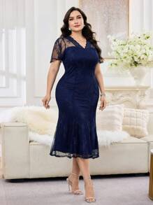 Modelyn 大码女式蕾丝荷叶边短袖鱼尾下摆优雅连衣裙 - 藍色 - 查看 6