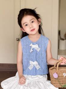 SHEIN Little Byeori Young Girls Casual Contrast Color Bow Decoration Tank Top And Mini Skirt Set - Multicolor - View 7