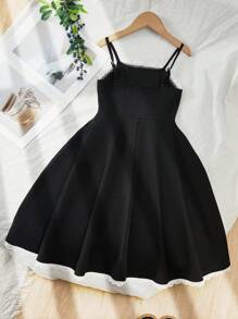 SHEIN Tween Girls' Spaghetti Strap Lace Trim Flowy Summer Dress - Black - View 2