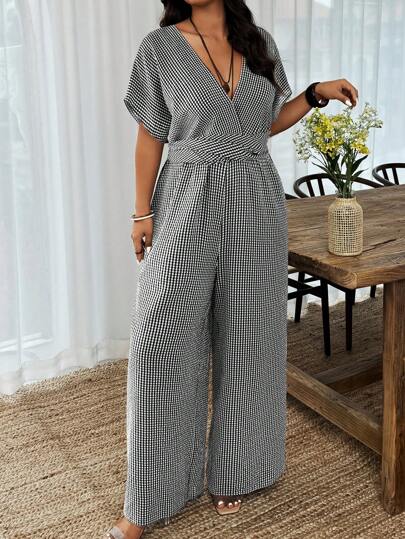 Weeklong Plus Size Women's Plaid Crisscross V-Neck Batwing Short Sleeve Jumpsuit