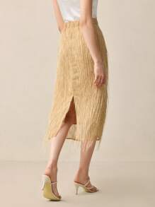 BizChic Woven Fabric Midi Skirt For Women Stylish Camel Fringe Design With Zipper - Camel - View 3