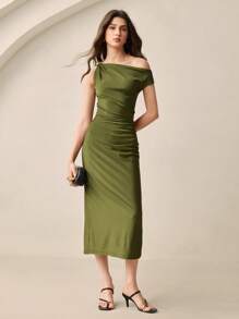 BizChic 春夏新款金属扣不对称肩带缎面连衣裙，时尚优雅，都市通勤日常浪漫90年代复古风，适合圣诞节、新年、情人节、派对、海滩、毕业典礼、时尚、嘉年华、假日、婚礼宾客、早午餐、机场等多种场合。 - 酪梨綠 - 查看 4