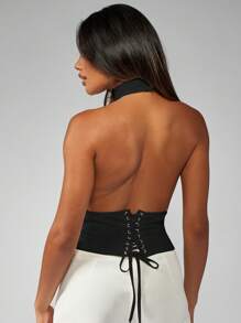 MISSGUIDED Halter Neck Backless Lace Up Corset Summer Top Sleeveless Bodycon Tank Evening Fitted Party Crop Top - Black - View 2