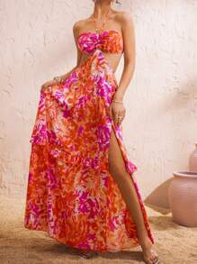 Swim Oasis Women's Floral Print Halter Cut-Out Back Long Ruffle Hem Elegant Loose Vacation Dress,Yellow, Red, Halter, Resort, Clashing, Cutout, Mature, Ruffled, Pumped, Dress, Split