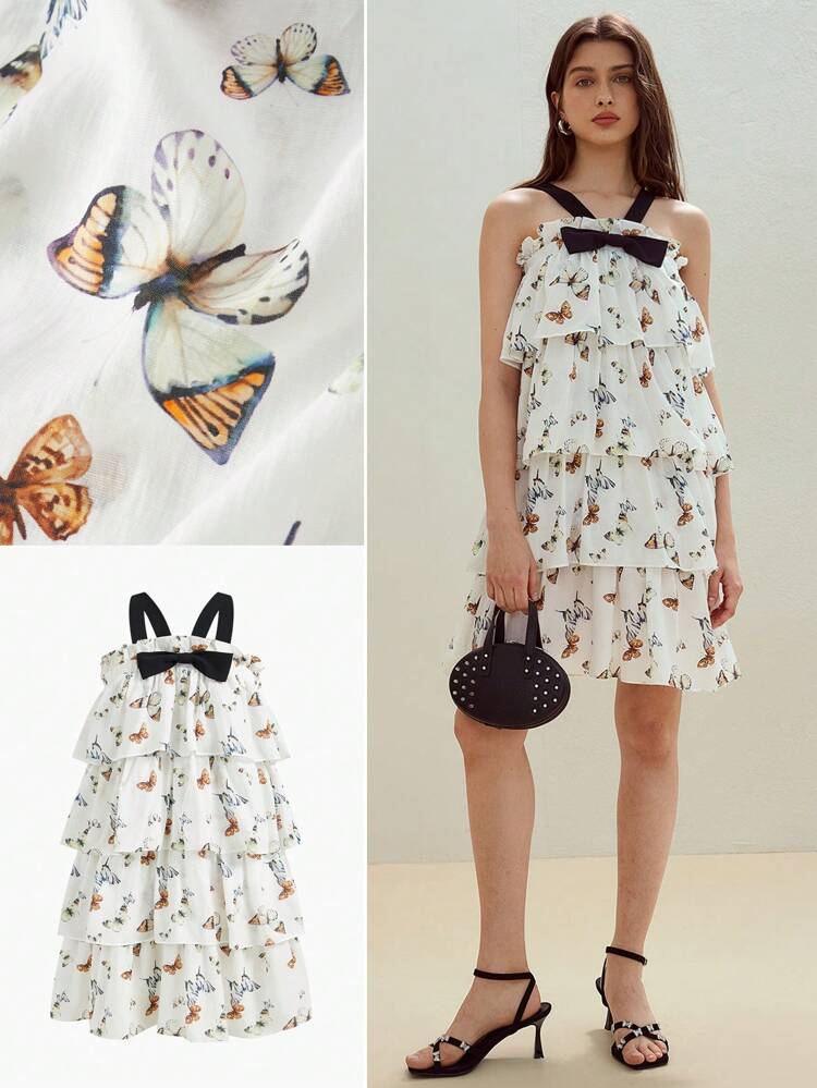 MOTF STUDIO BUTTERFLY PATTERN TIERED LAYER DRESS LINEN