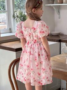 SHEIN Young Girls Elegant Pink Ditsy Floral Puff Sleeve Dress - Multicolor - View 2