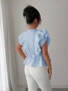 Elenzga Women's Spring/Summer Fashion Elegant V-Neck Ruffle Trim Textured Sleeveless Blouse