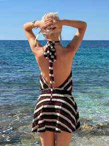 SHEIN ICON Halter Tie Sexy Backless Casual Striped Mini Dress - Multicolor - View 1