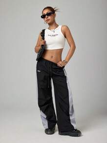 SHEIN PETITE Women's Color Block Drawstring Waist Casual Sports Pants, Summer