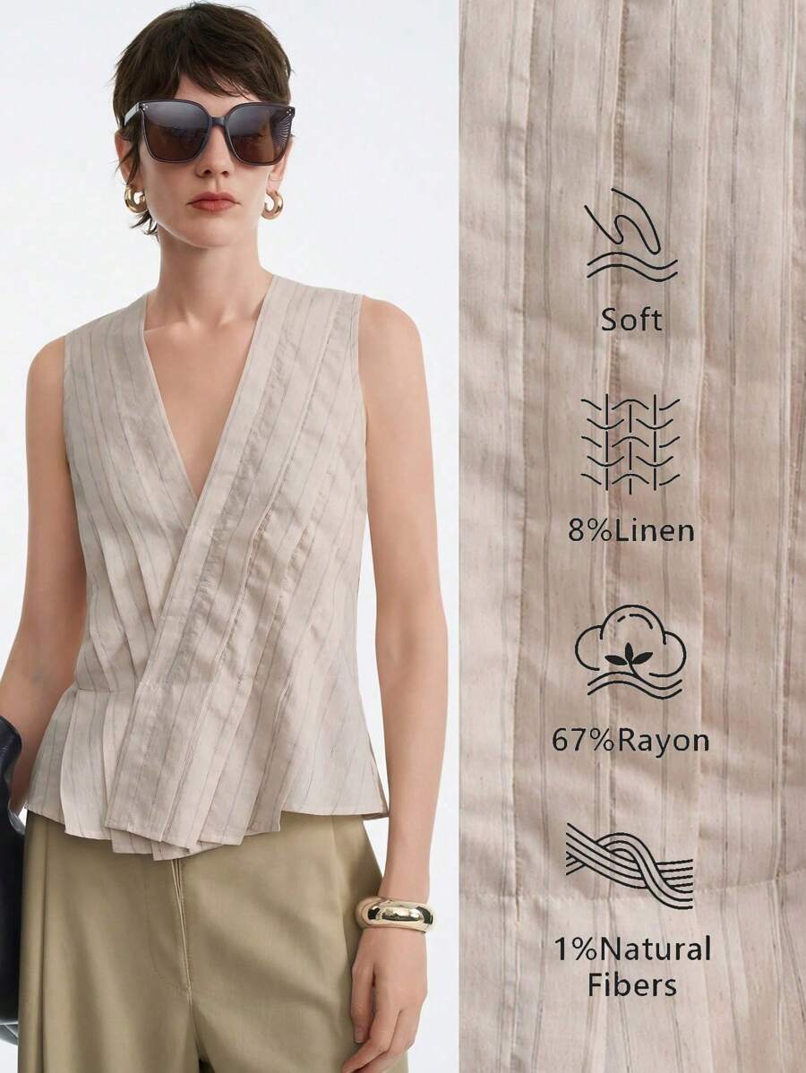 Aalyst Oatmeal Color Pleated Blouse Contrast Striped Minimalist V-Neck Sleeveless Women Shirt - Apricot - View 1