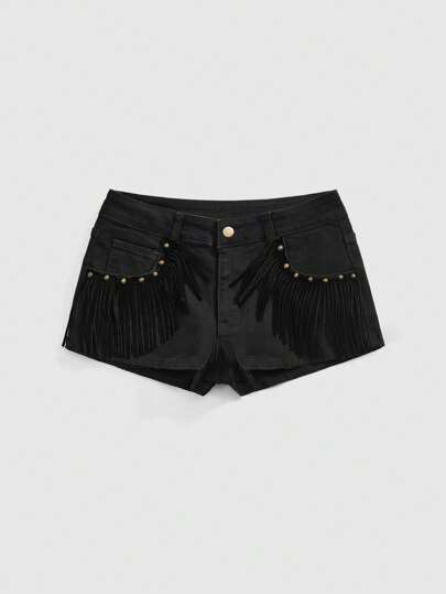 Y2K Style Beach Goth Spliced Fringe Hem Women Mini Denim Shorts