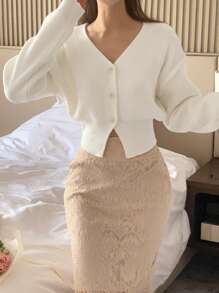 DAZY Áo len cardigan thắt eo màu trơn thường ngày cho nữ, thu/đông, dài tay - trắng - Xem 1