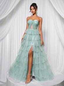 Glamrae Đầm Maxi hở lưng có thể điều chỉnh, dáng chữ A rộng rãi, viền tua rua màu xanh lá cây sáng bóng, lưới ombre màu xám thanh lịch, eo trong suốt, xẻ tà, phù hợp cho các buổi hẹn hò, kỳ nghỉ, đám cưới, sự kiện trang trọng - Cỏ xanh - Xem 7