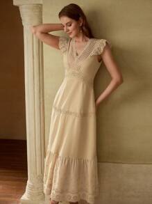 MOTF PREMIUM VÁY MAXI CỔ CHỮ V VIỀN REN SỌC, MÀU KHAKI - Màu Khaki - Xem 6
