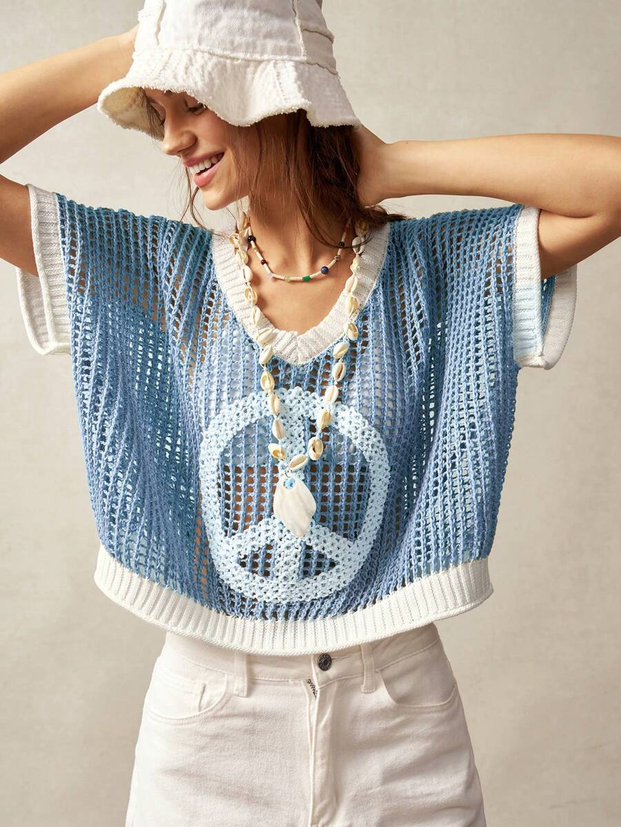 Bohemela 女士撞色针织短袖镂空设计毛衣 - 藍白色 - 查看 1