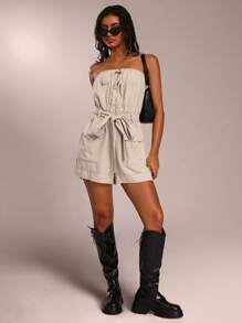 Forever 21 Women's Solid Color Front-Tie Tube Top Romper With Pockets, Summer - Khaki - View 4