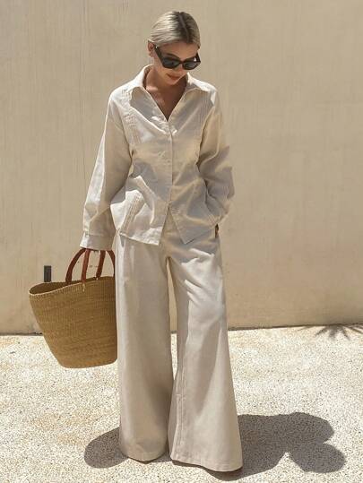 Livesso بدلة كاجوال من قطعتين للنساء تتكون من بلوزة منسدلة ذات طيات باللون الصلب والبنطلون ذو الساقين الواسعة من الكتان