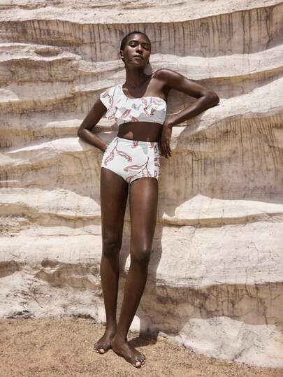 Maija Women All-Over Print Asymmetric Collar Ruffle Trim Bikini Swimsuit