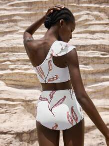 Maija Women All-Over Print Asymmetric Collar Ruffle Trim Bikini Swimsuit - Multicolor - View 2