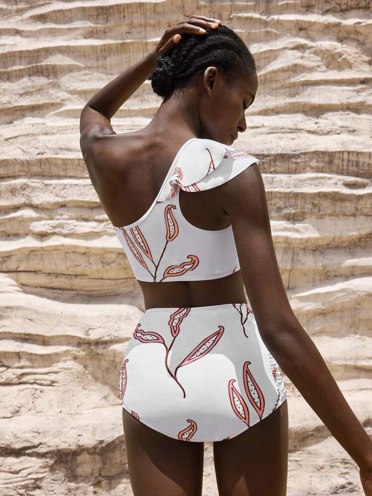 SHEIN Maija Women All-Over Print Asymmetric Collar Ruffle Trim Bikini Swimsuit