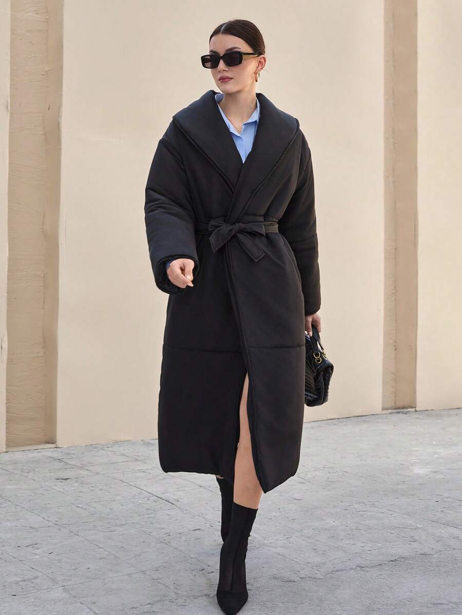 CLARA VERO Manteau long rembourré noir avec col châle, ceinture à la taille, poches, pour se réchauffer en hiver