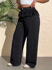 SHEIN EZwear Plus Size Women Waist Splicing Lace Ruffle Loose Wide Leg Jeans - Black - View 4