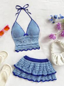 Soleia Women's Holiday Casual Contrast Trim Backless Halter Top And Mini Skirt 2 Pieces Set Beach Vacation Outfits Spring Summer Outfits For Women West Music Festival Bohemia Boho Beach Outfits For Woman Set Summer Two Pieces Set Vacation