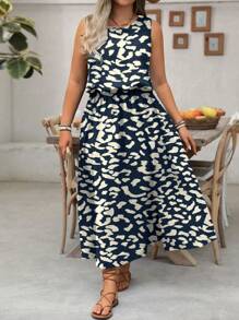 SHEIN Clasi 加大码 LUNE 无袖圆领碎花休闲/工作连衣裙，收腰，下摆开衩，适合女性