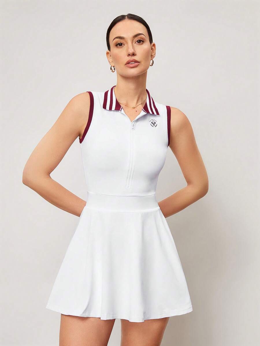 Activina Damen einfarbiges Patchwork Reißverschluss Vorne ärmellos Lässig kurz Sports Kleid Athletisch Kleid - Bordeaux - Übersicht 1