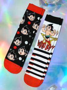 Astro Boy X SHEIN 2 Paar weiche und atmungsaktive Damen Gestreifter Crew Socken, verstärkte Zehenpartie und Ferse für Haltbarkeit, geeignet für alle Jahreszeiten