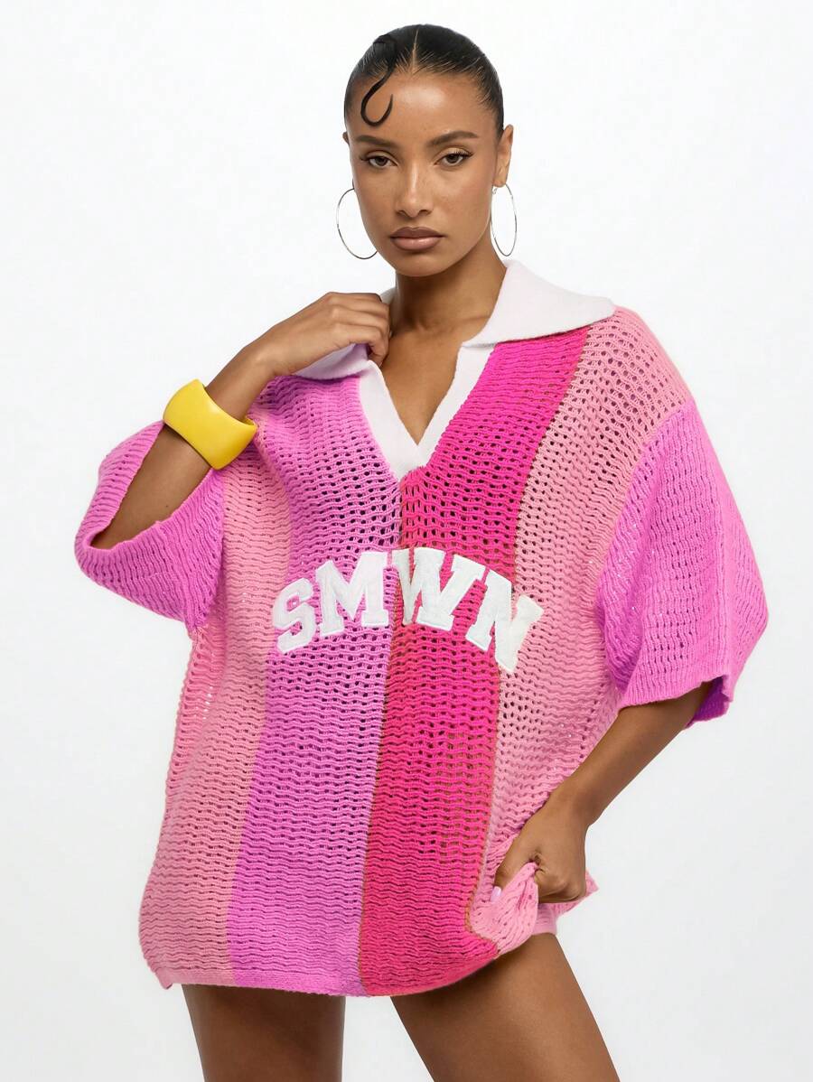 SUMWON WOMEN Crochet Oversized Polo Collar Pullover Mesh Knit Beach Top Summer Vacation Resort Holiday Casual Wear,Tops For School