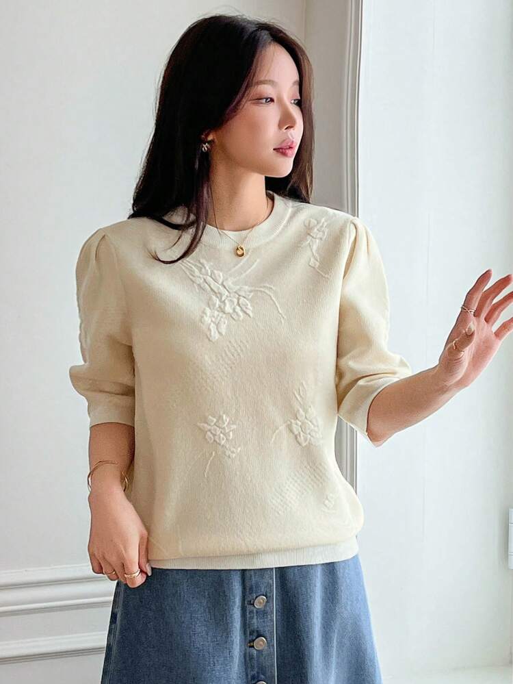 Women's Round Neck Short Sleeve Loose Jacquard Pattern Knit Top, Summer,Fall Clothes Women Sweater